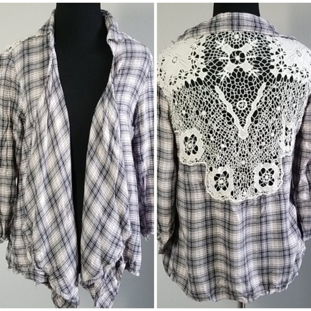 [SOLD] Plaid and Lace Back Cardigan Overshirt Top